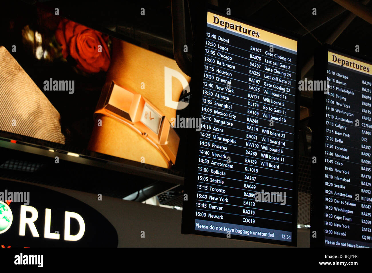 UK, London. Departure Board at London Heathrow Terminal 4 Stock Photo