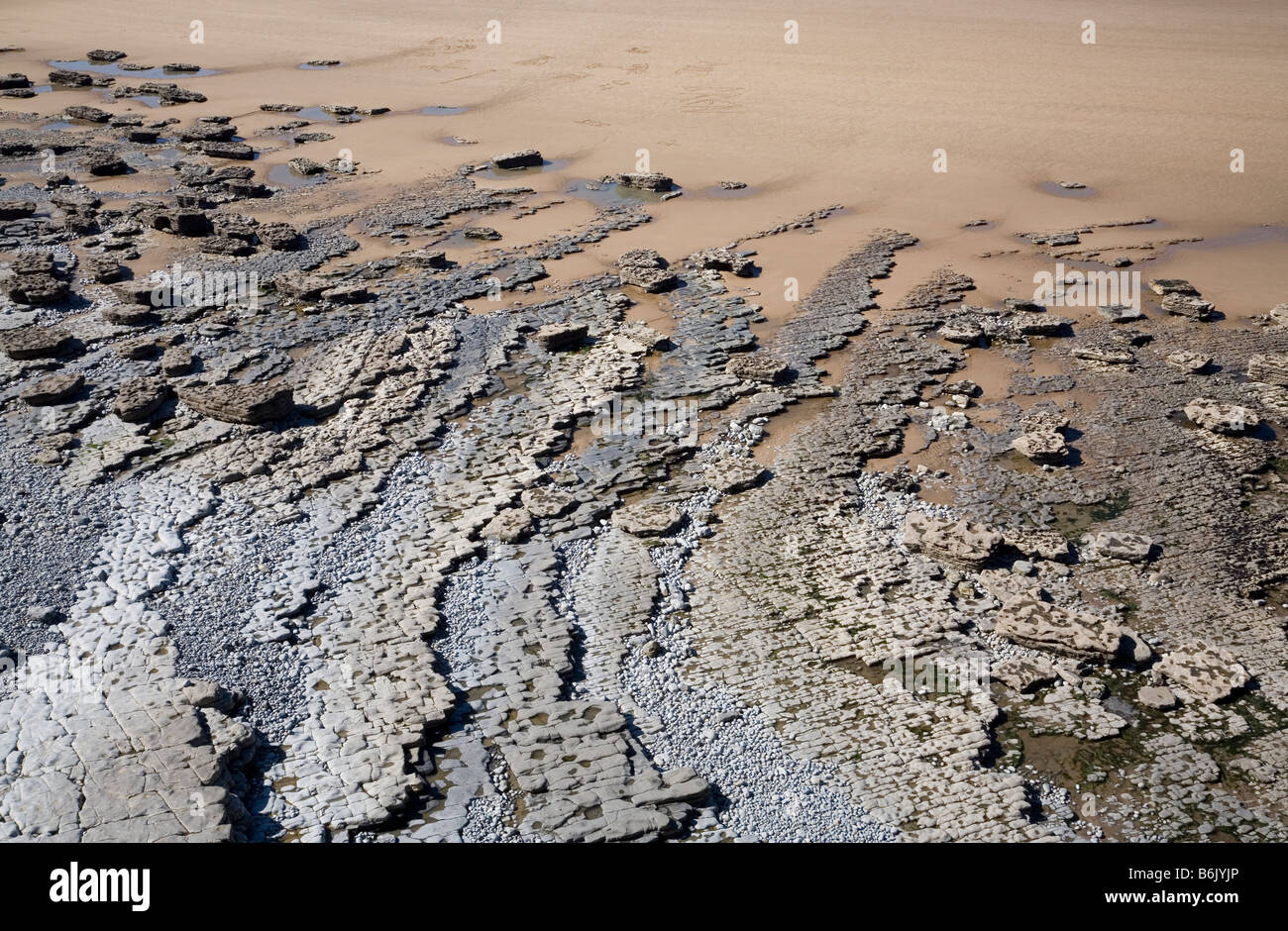 aerial view of limestone pavement at Dunraven Bay Wales Stock Photo