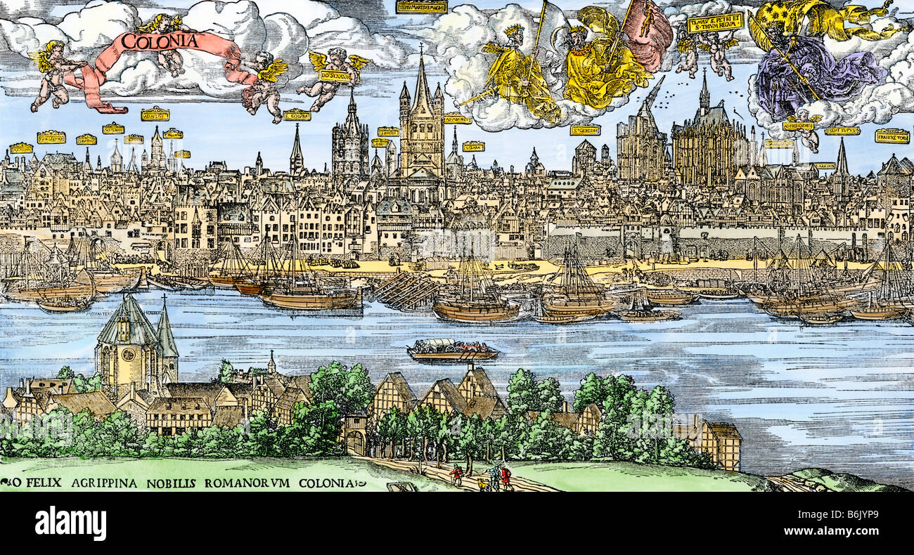 City of Cologne on the Rhine in the 16th century. Hand-colored woodcut Stock Photo