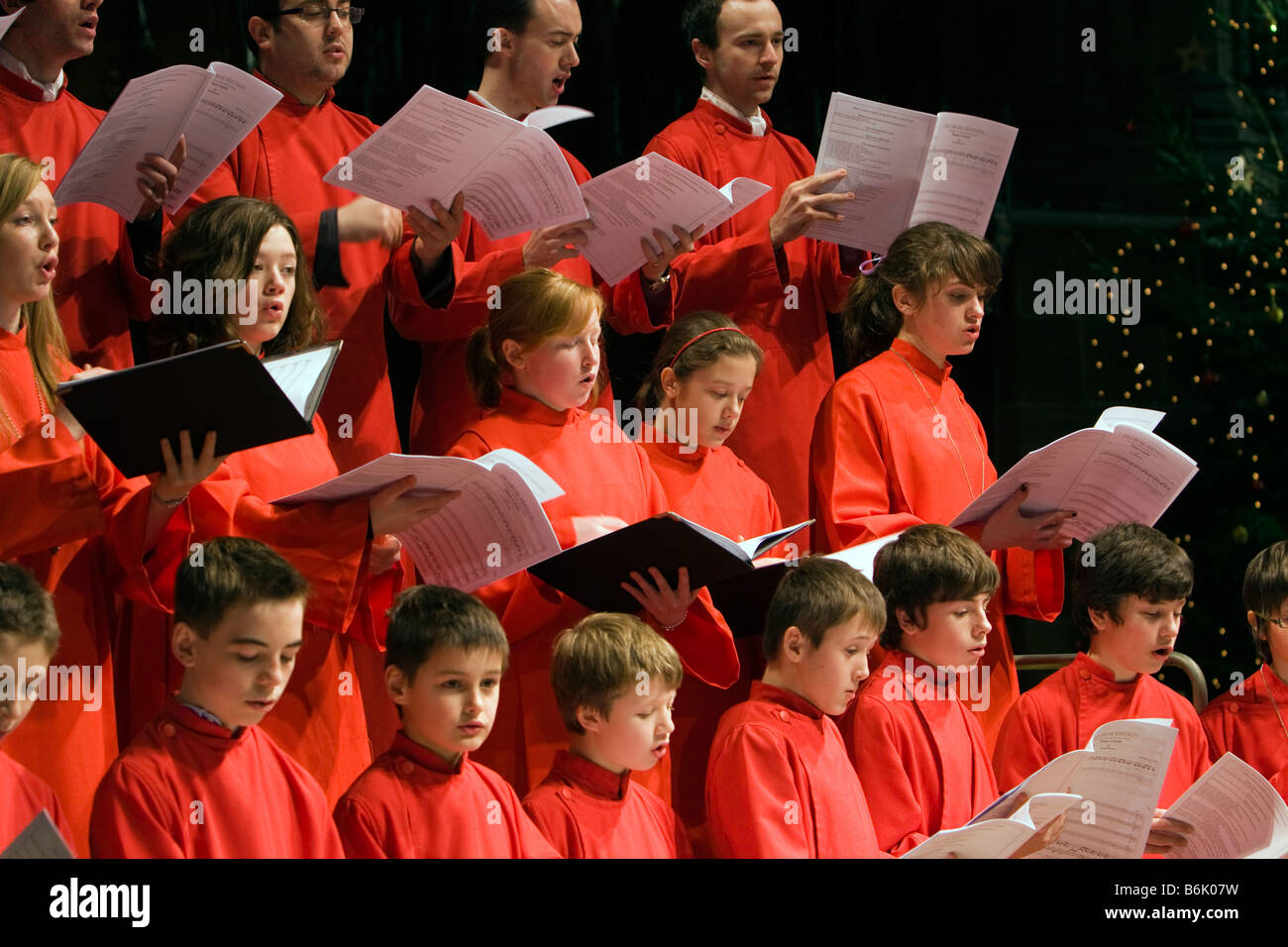 UK Cheshire Chester Cathedral Choir Choristers in rehearsal for Christmas Carol Concert Stock Photo