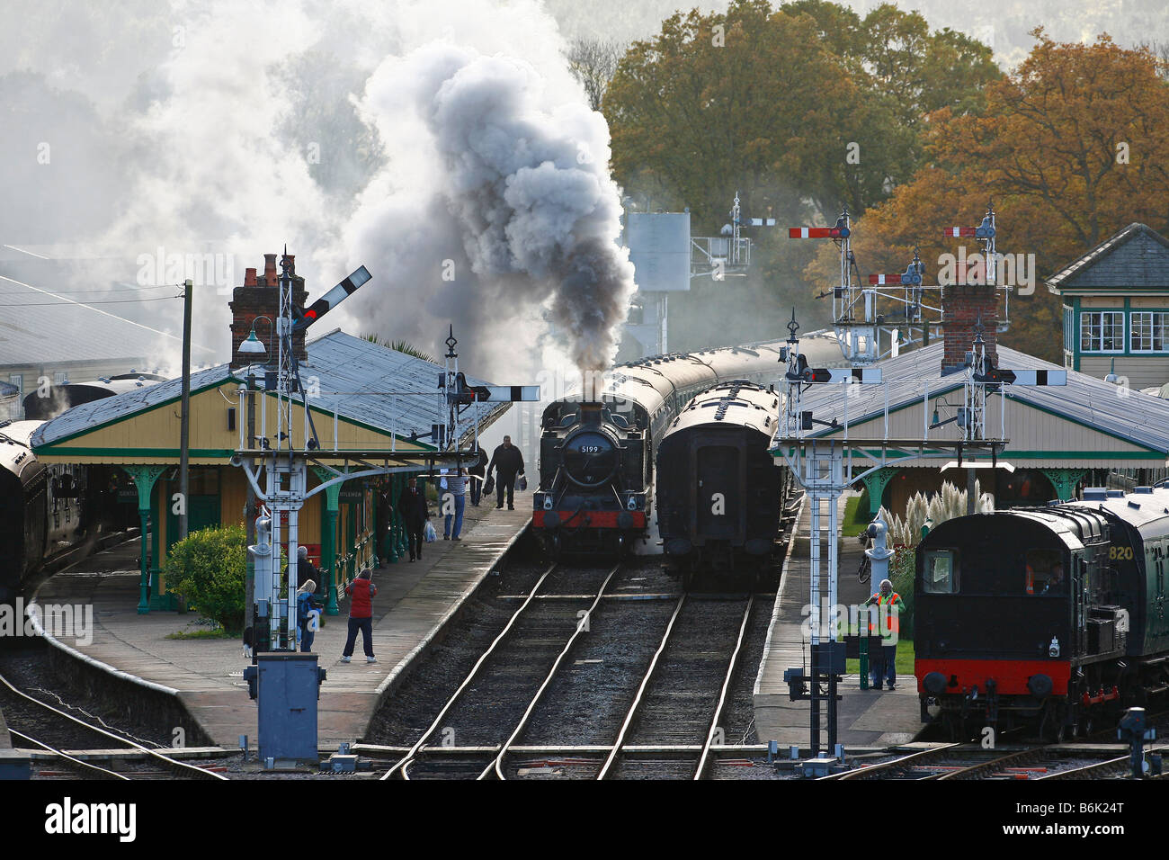 Bluebell Railway -Great Western Railways Large Prairie Tank No 5199 arrives at Horsted Keynes Station on the Bluebell line. Stock Photo