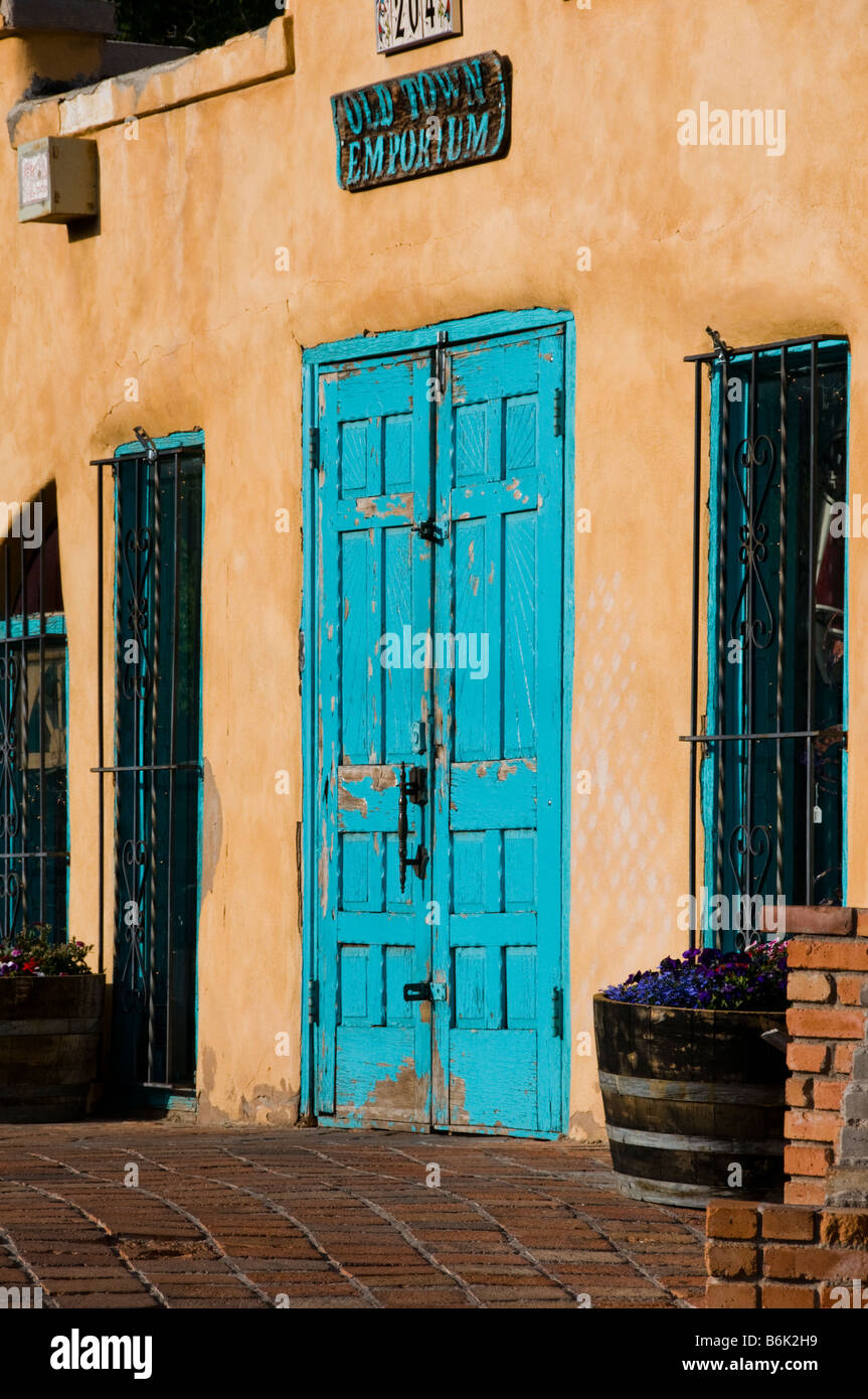 Hand carved blue wooden double doors in Albuquerque NM Stock Photo