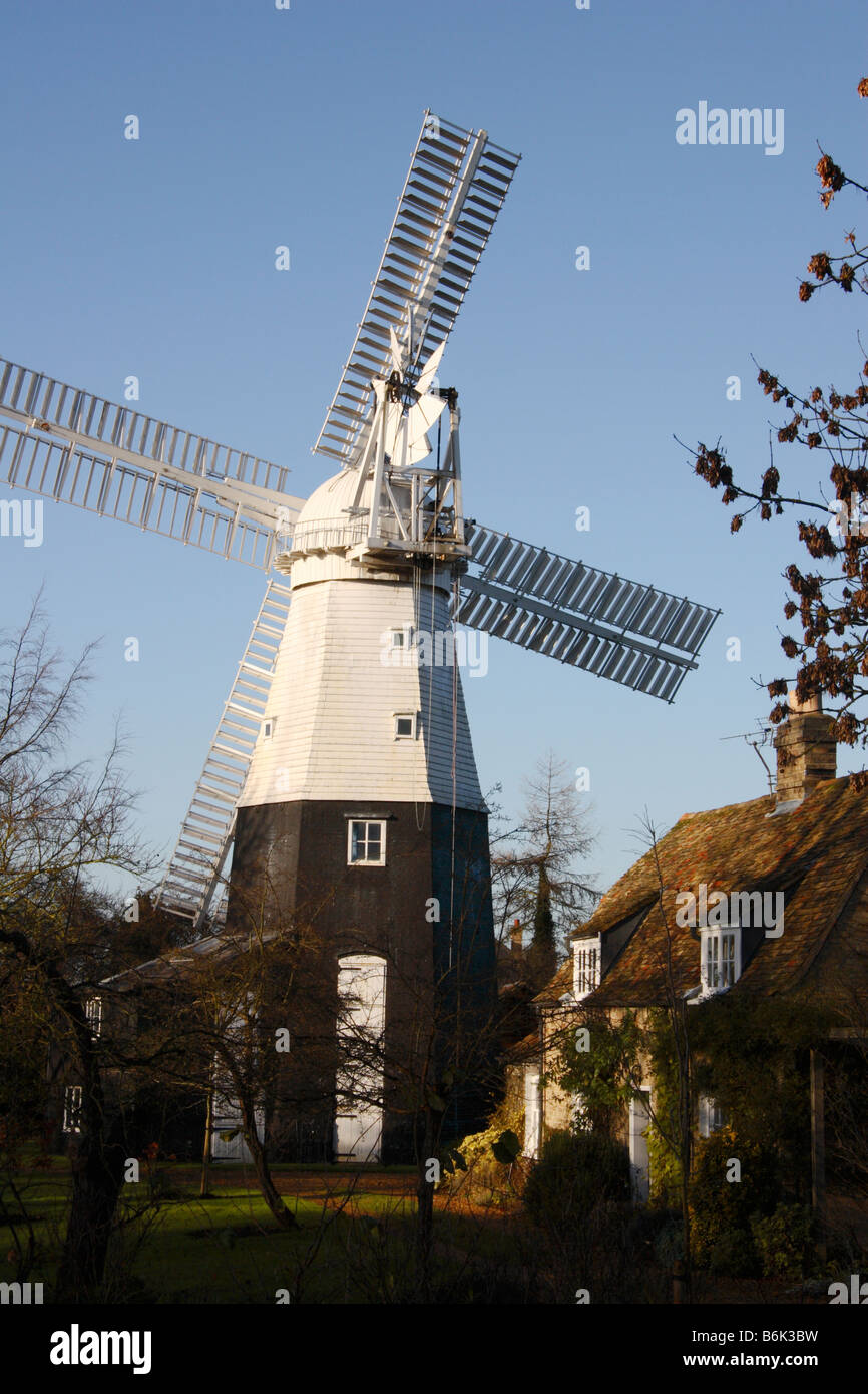 The white 'Smock Mill' in Impington village near Cambridge, England, UK. Stock Photo