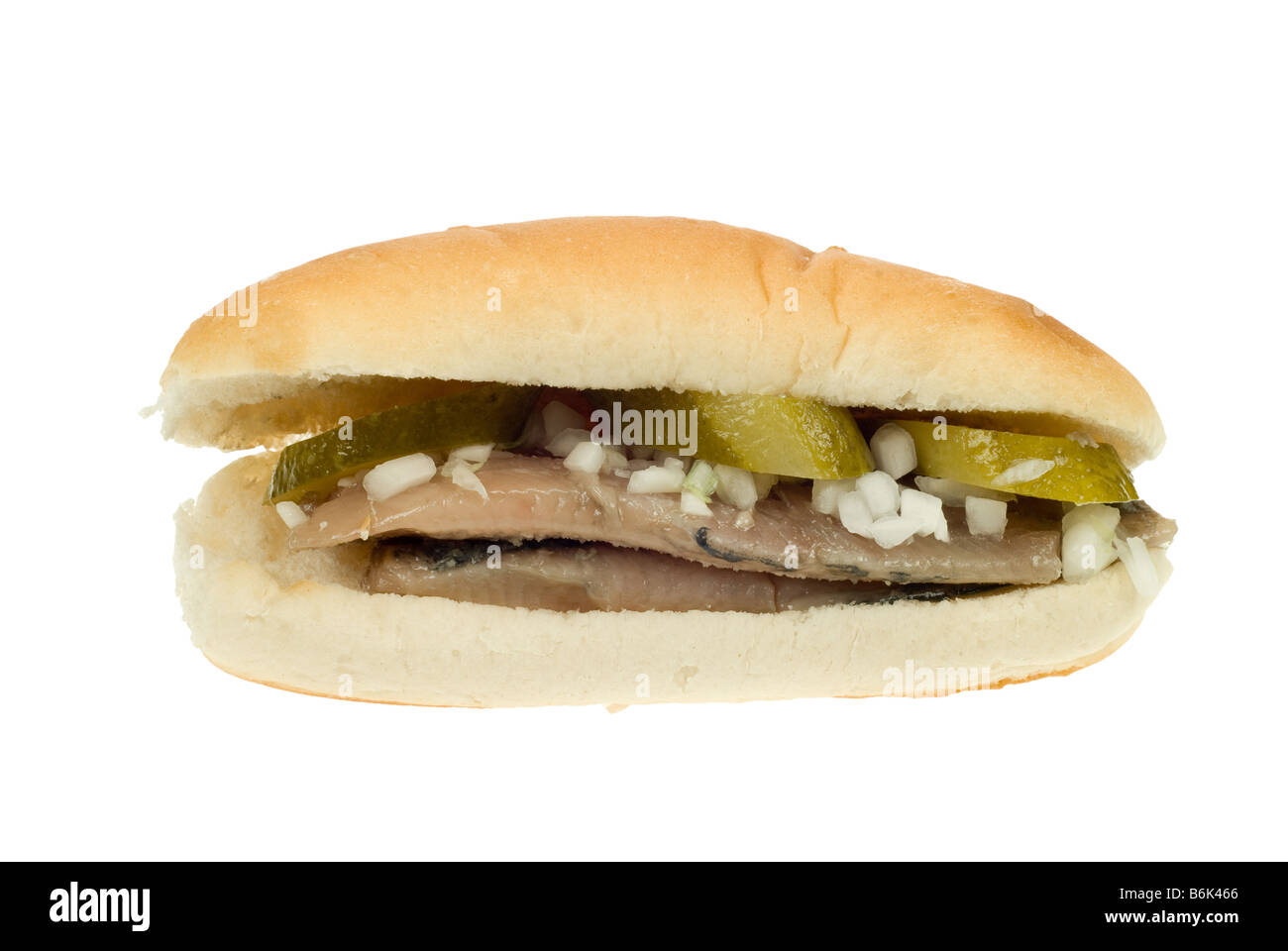 typical dutch herring sandwich isolated on a white background Stock