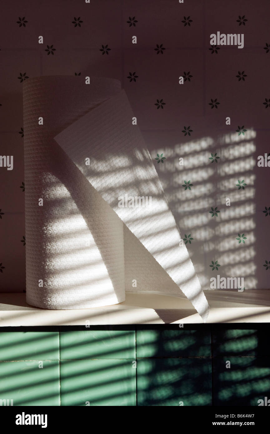 Sunlight streaming through venetian blinds create a striped pattern of shadows on a roll of paper towel. Stock Photo