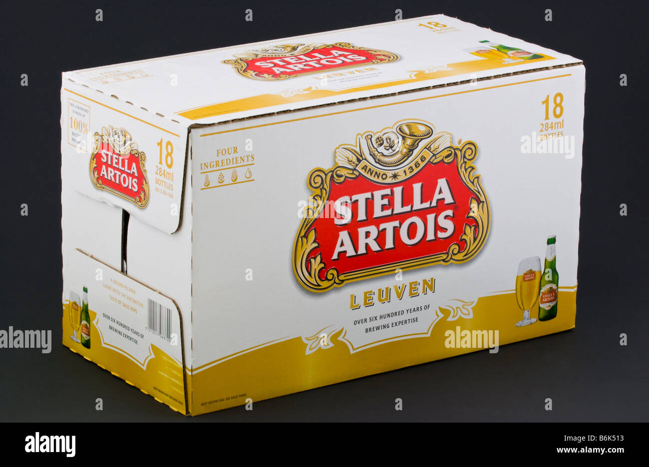 Box of 18 bottles of Stella Artois lager beer brewed in the UK Stock
