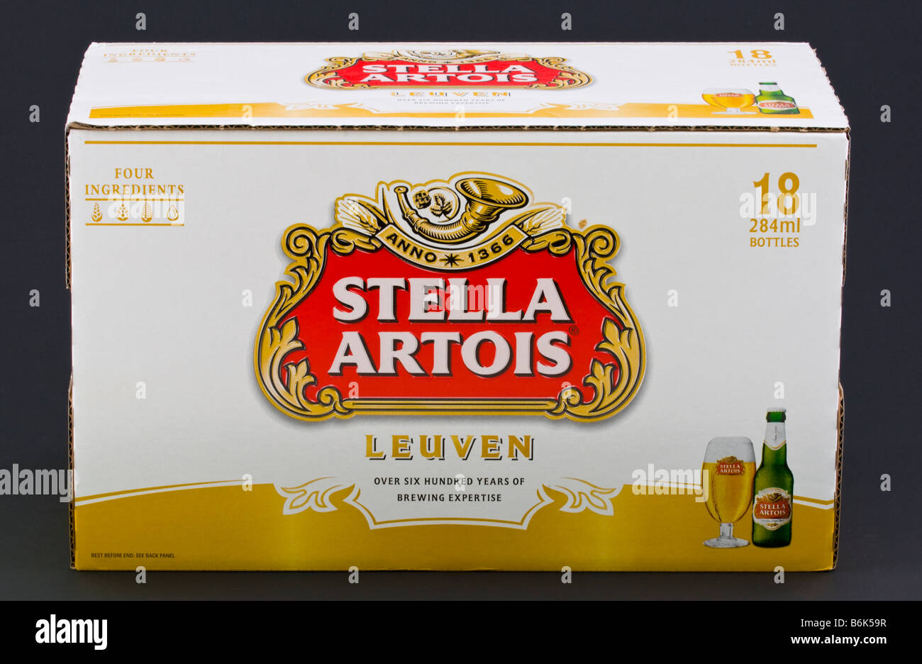 Box of 18 bottles of Stella Artois lager beer brewed in the UK Stock