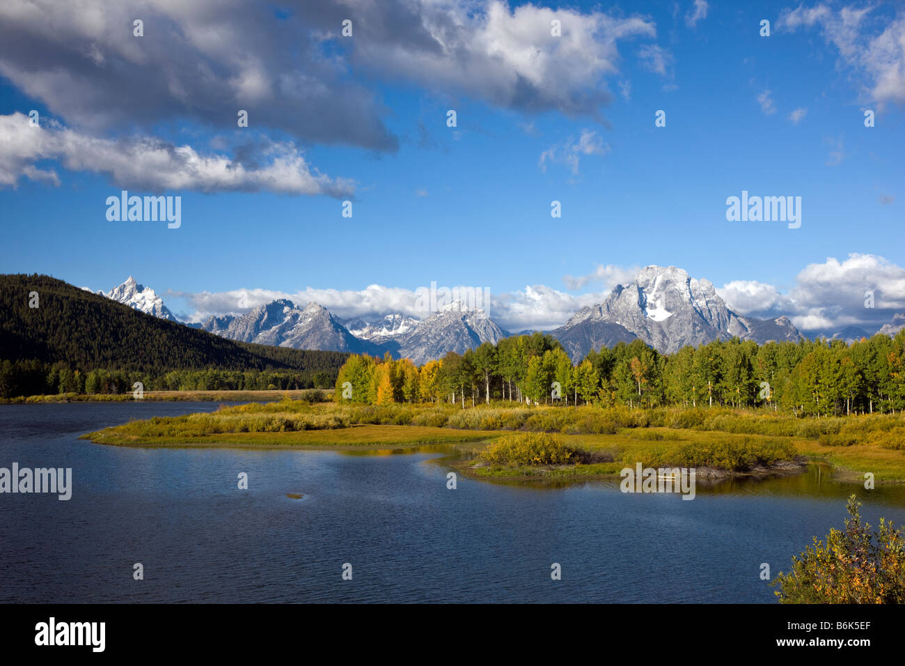 Tetons Mountains and Snake River viewed from Oxbow Bend, Grand Teton National Park; Wyoming; USA Stock Photo