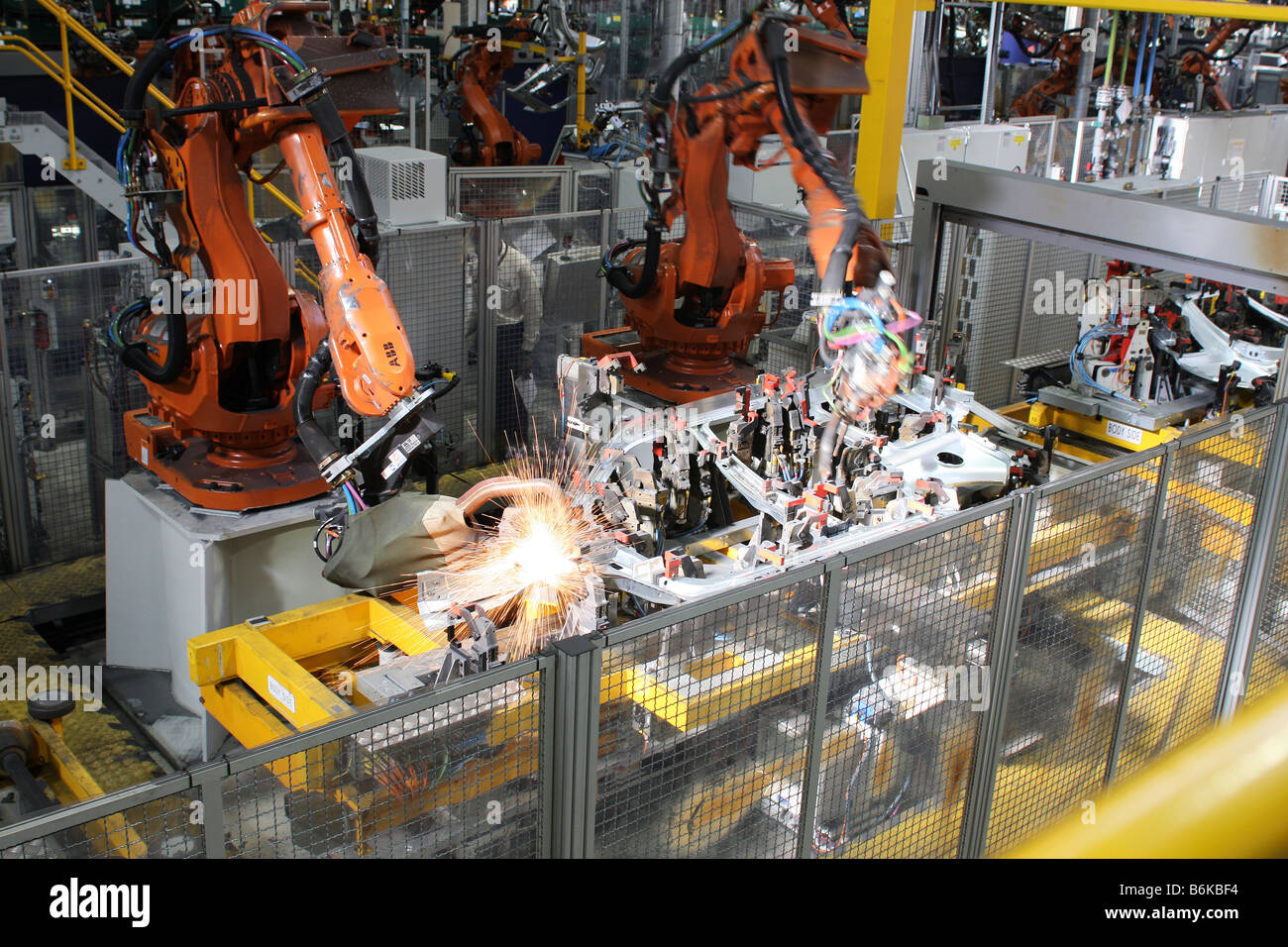 Robots welding a Freelander side at Jaguar Land Rover's Halewood factory Stock Photo