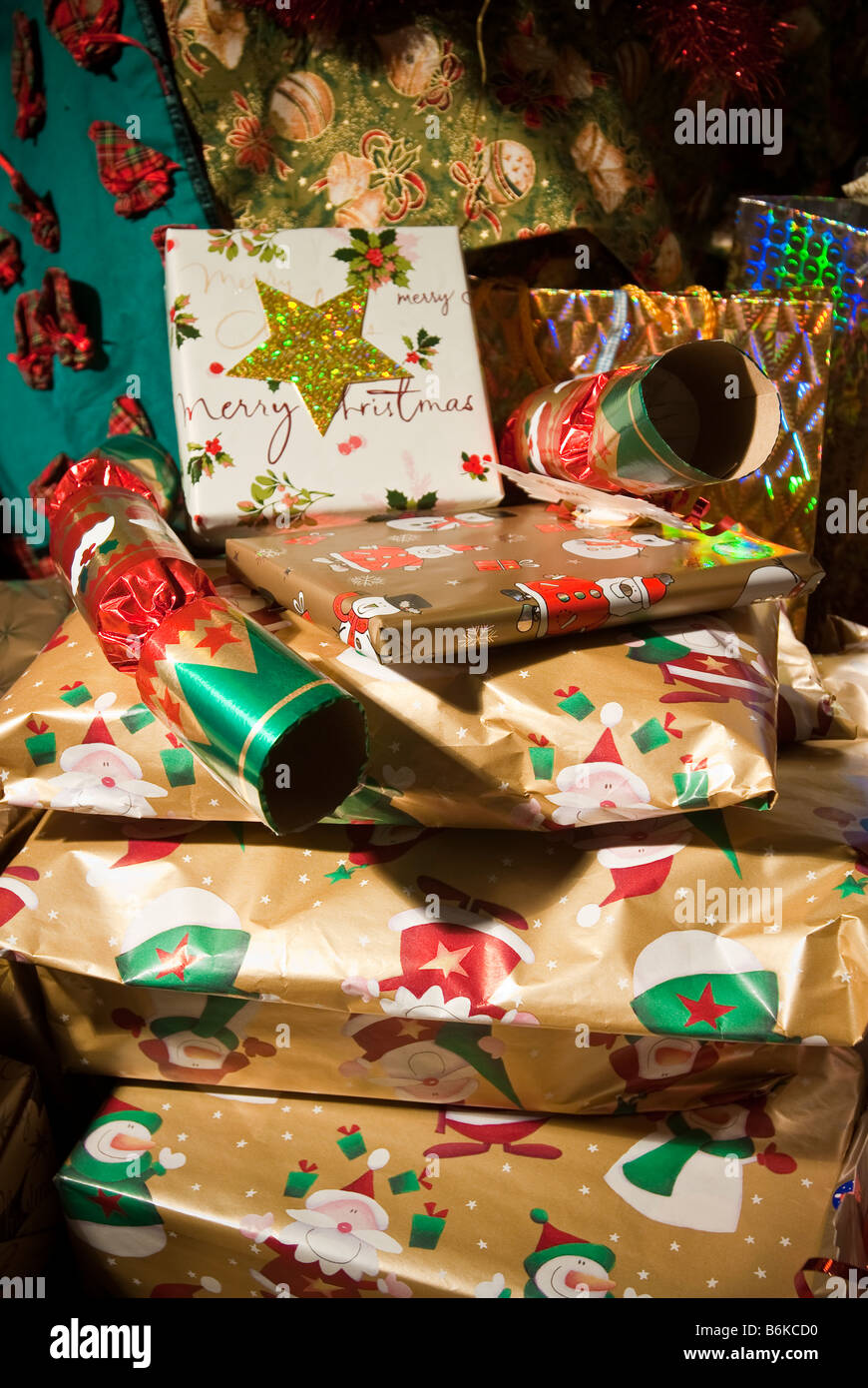 Christmas presents in a pile. Stock Photo