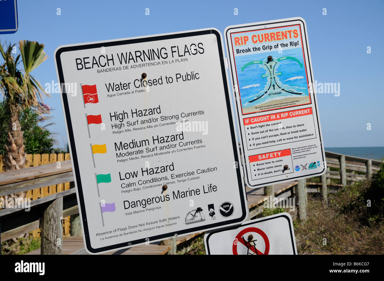 Beach warning flags and rip tide instruction notice. Safety details for