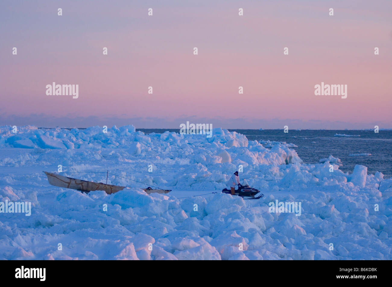 Inupiaq subsistence whaler tows a seal skin boat or umiak to a whaling
