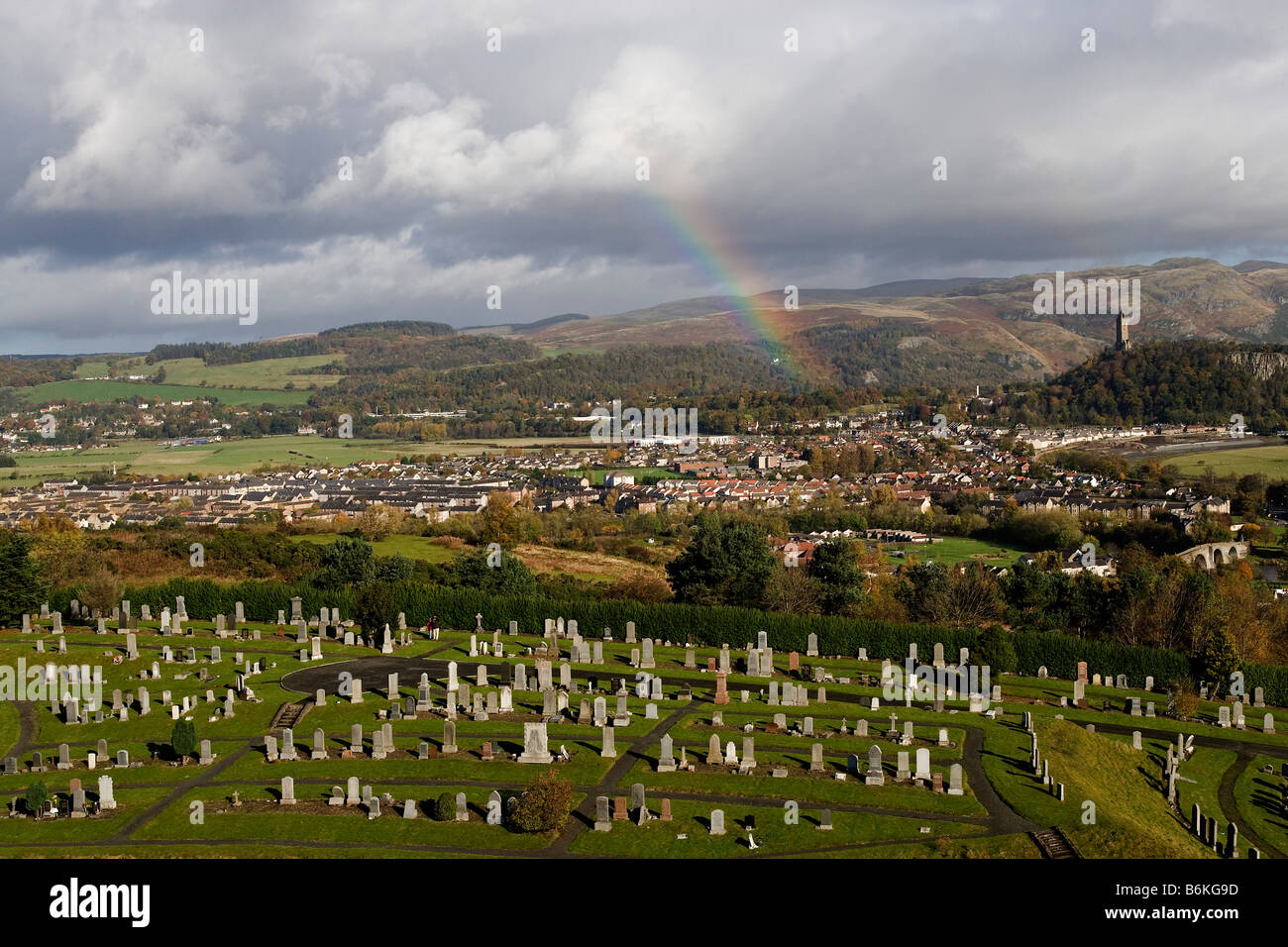 Stirling cementary panorama Wallance Monument 1869 Abbey Craig hill Scotland Stirlingshire UK Stock Photo