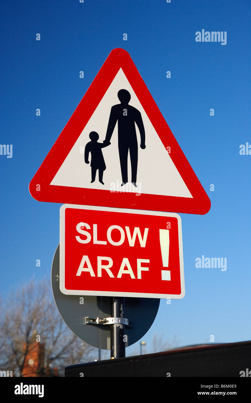 Bilingual Welsh Traffic Sign, Cardiff Bay, Cardiff, Wales, UK Stock