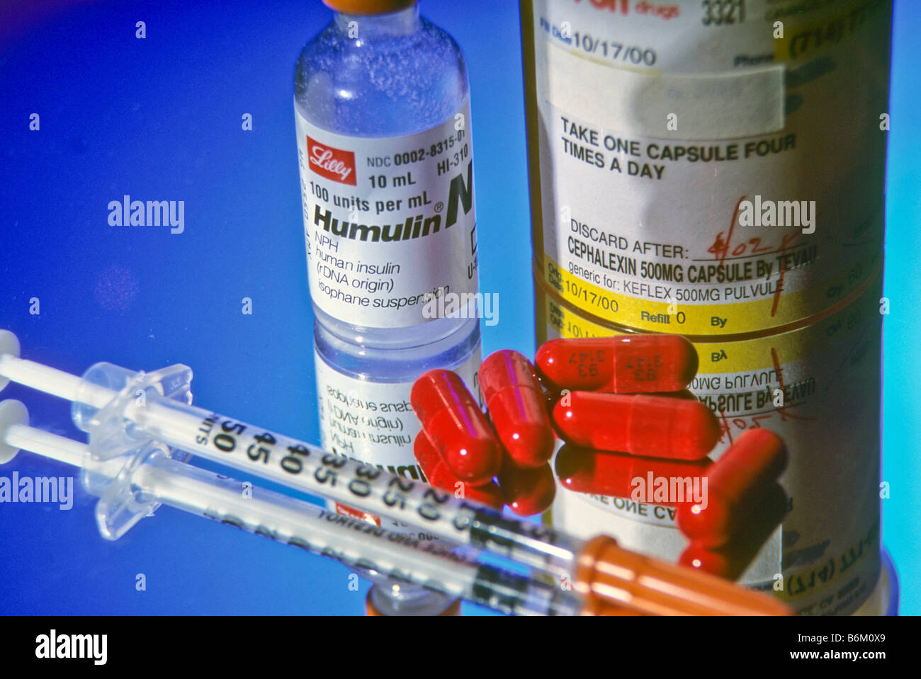 Insulin, hypodermic needle, and other supplies used by diabetic person