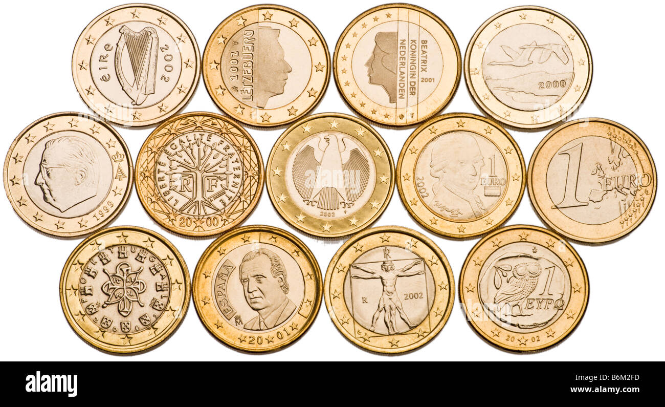 1 Euro Coins From The Original 12 Member States Stock Photo Alamy