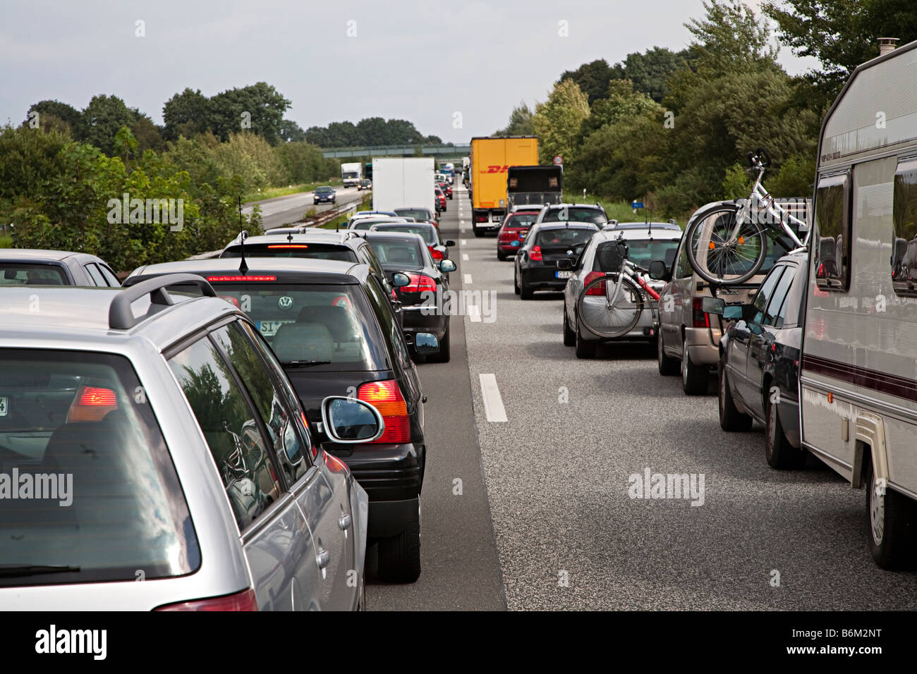 Traffic jam at dead stop on autobahn Germany Stock Photo