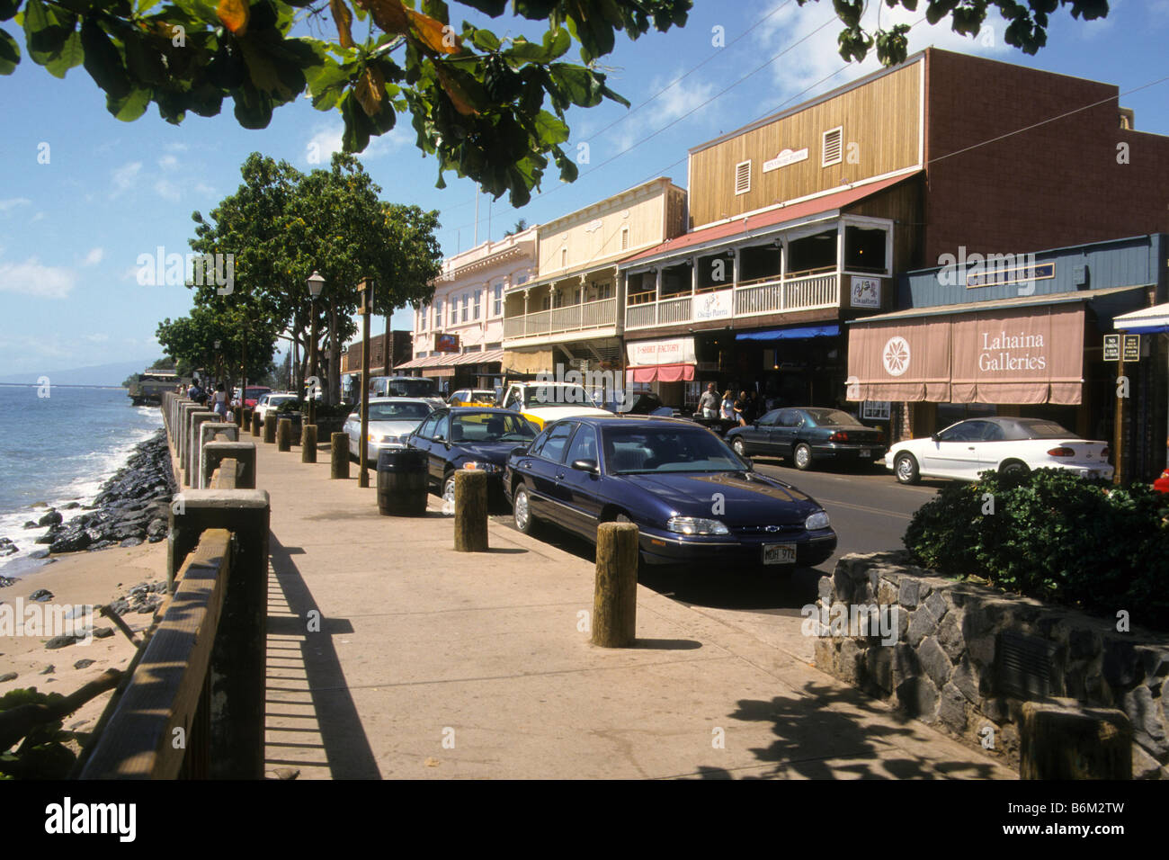 Street in Lahaina, Maui, Hawaii full of art galleries and restaurants for tourists to enjoy. Stock Photo