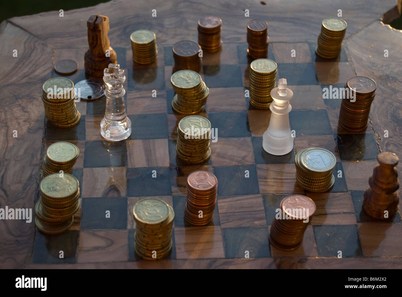 recession.a chessboard with coins. Stock Photo