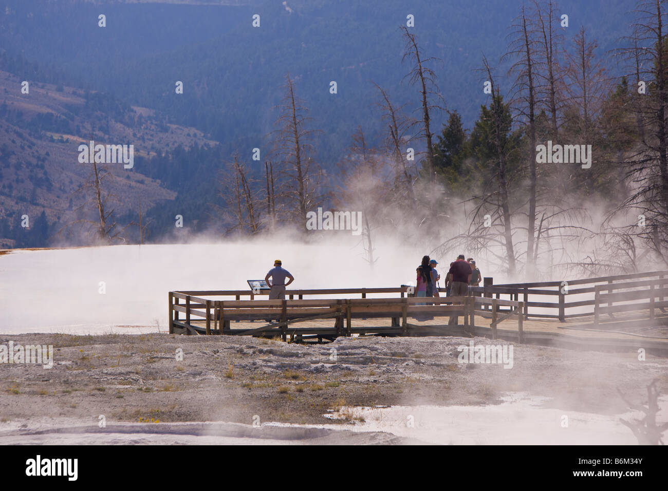 YELLOWSTONE NATIONAL PARK WYOMING USA - Tourists and geothermic steam rising from Main Terraces area, Mammoth Hot Springs Stock Photo