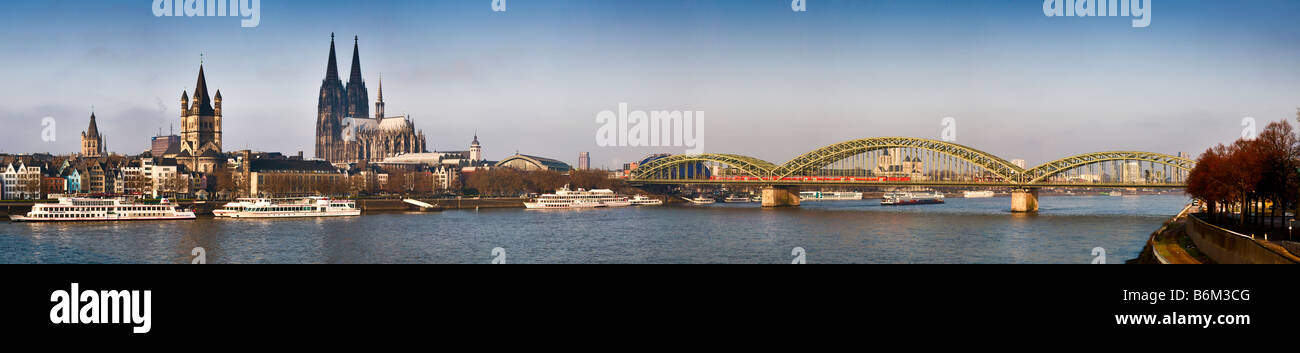 A wide panorama of the city of Cologne from across the Rhine river, Germany Stock Photo