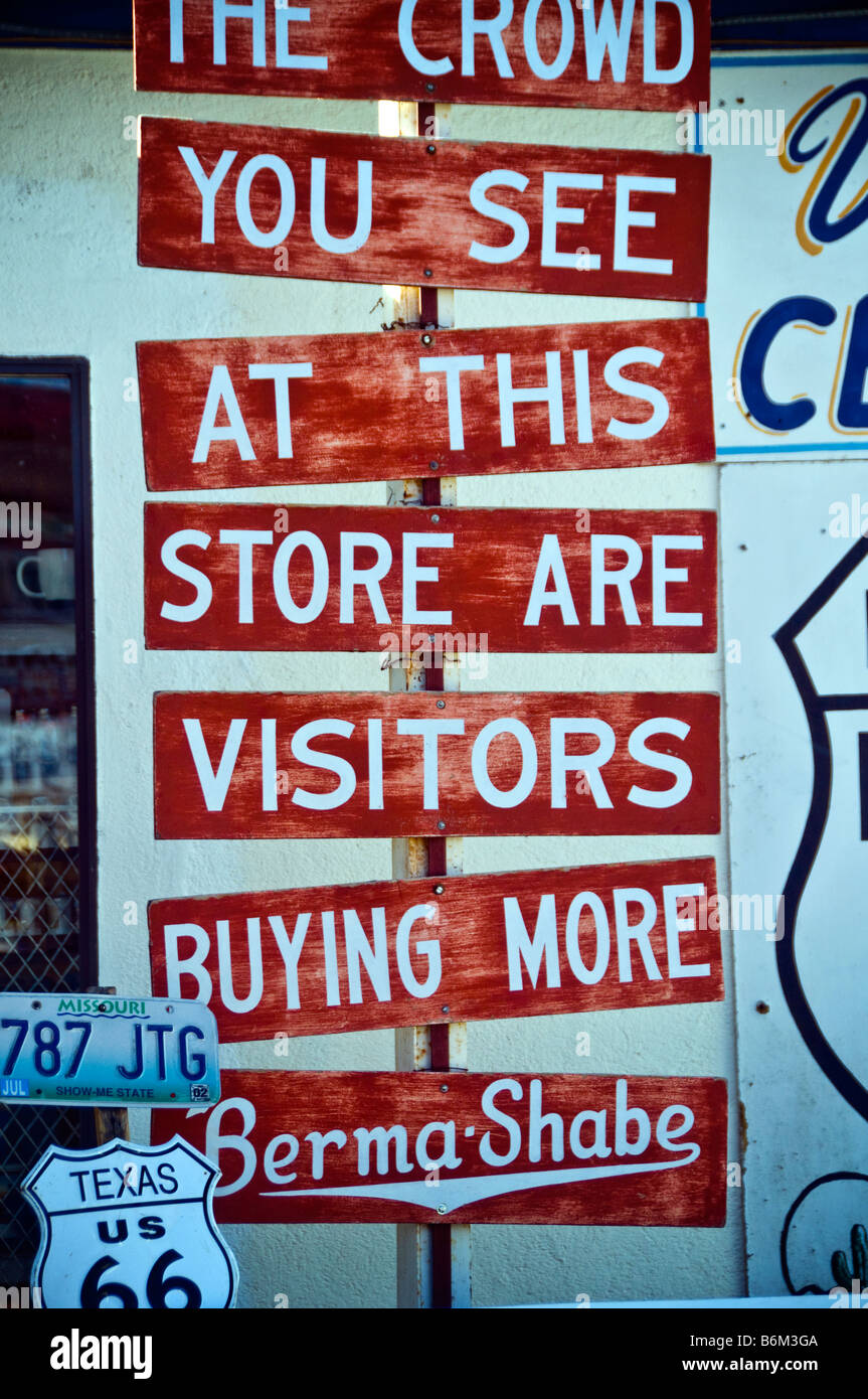 An old copied sign from the Burma Shave campaign is hung up in front of a grocery store in Seligman, Arizona. Stock Photo