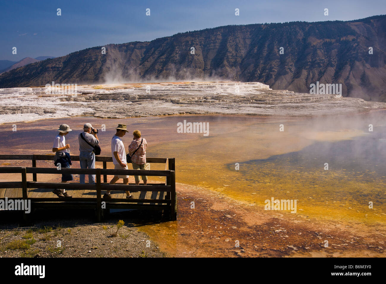 YELLOWSTONE NATIONAL PARK WYOMING USA Tourists on boardwalk at the Main Terraces area Mammoth Hot Springs Stock Photo
