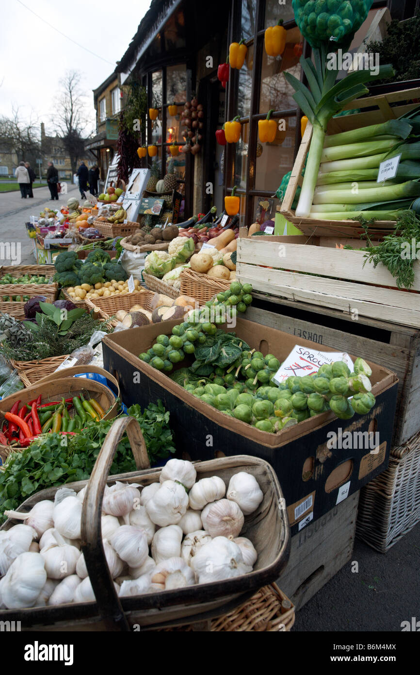 Vegetables outside a greengrocer's in Broadway, Worcestershire, UK Stock Photo