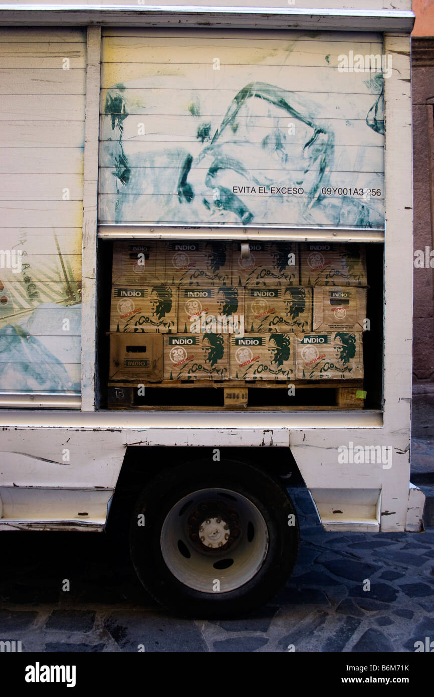 Delivery truck with cases of beer inside in San Miguel de Allende