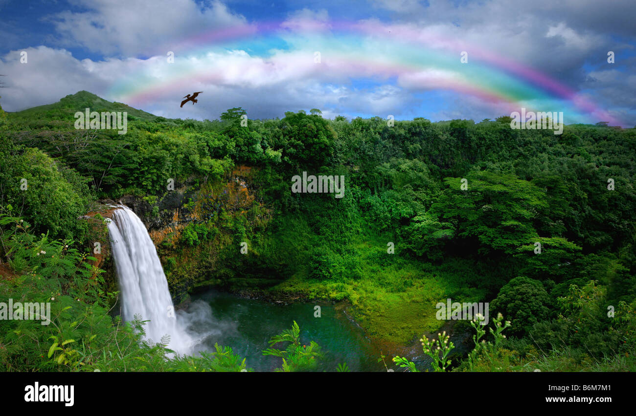Waterfall in Kauai With Rainbow and Bird Overhead Stock Photo