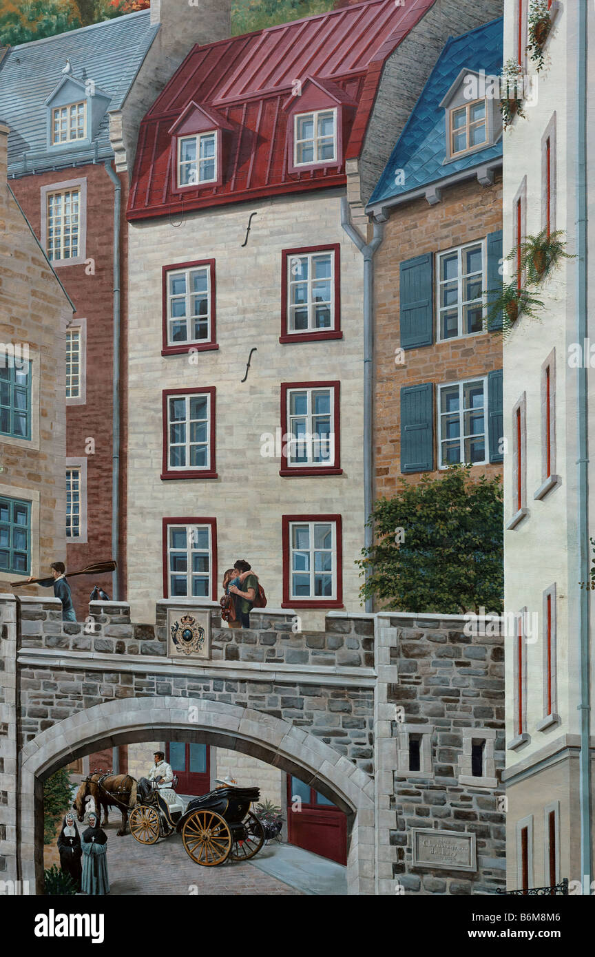 Detail of a wall mural in Quebec city showing a couple kissing on a bridge in front of old buildings Stock Photo