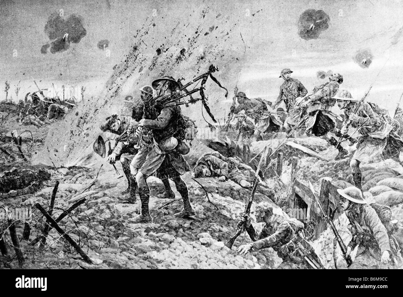 Contemporary World War One illustration of Scottish soldiers playing bagpipes under enemy fire during the Battle of the Somme. Stock Photo
