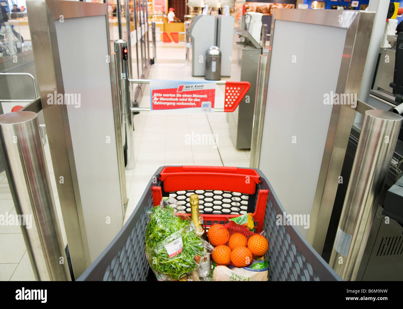 two detectors scan the contents of a shopping cart with RFID technology