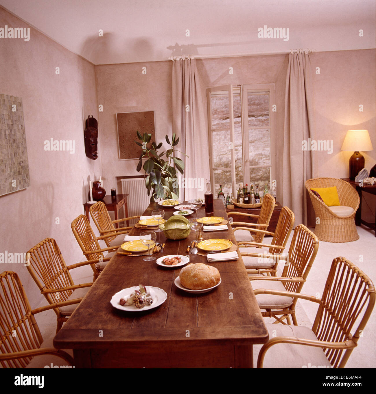 Cane Chairs At Long Antique Table In French Country Dining Room With Stock Photo 21345608 Alamy