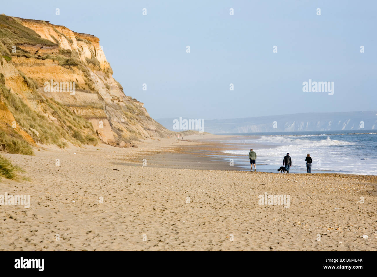 Three people walking a dog on the beach below Hengistbury Head Dorset UK Stock Photo Alamy