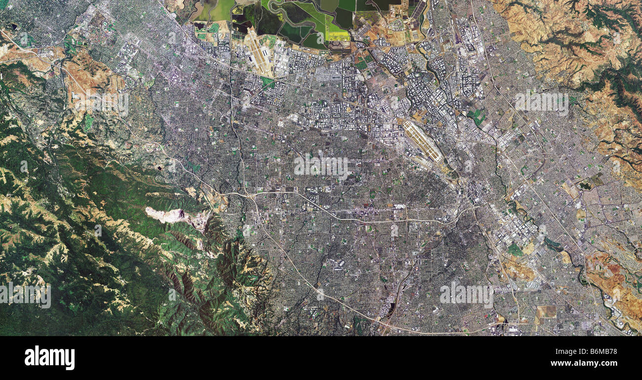 aerial map Silicon Valley from Coastal Mountains to East Bay Mountains Stock Photo