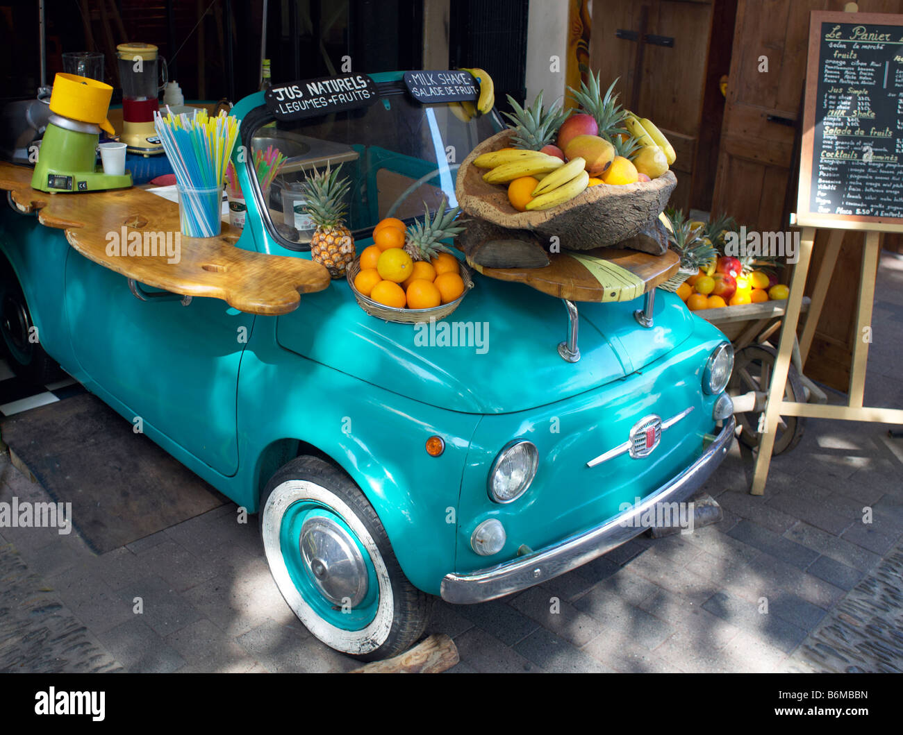 A converted Fiat car selling fruit juice in the resort of Collioure in France Stock Photo