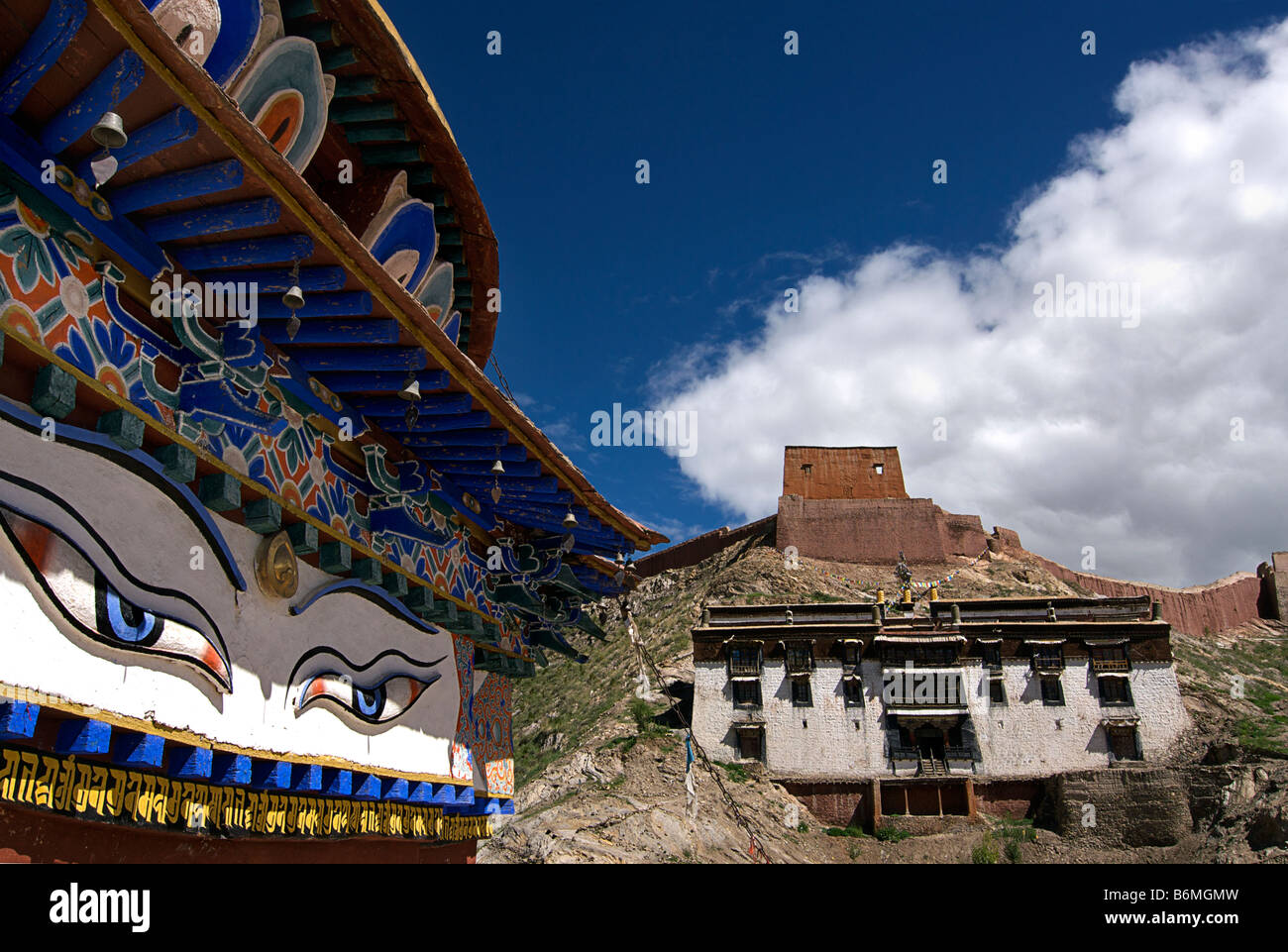 All-seeing eyes adorning and protecting a wall. Kumbum Pelkor Chöde monastery, Gyantse, Tibet Stock Photo