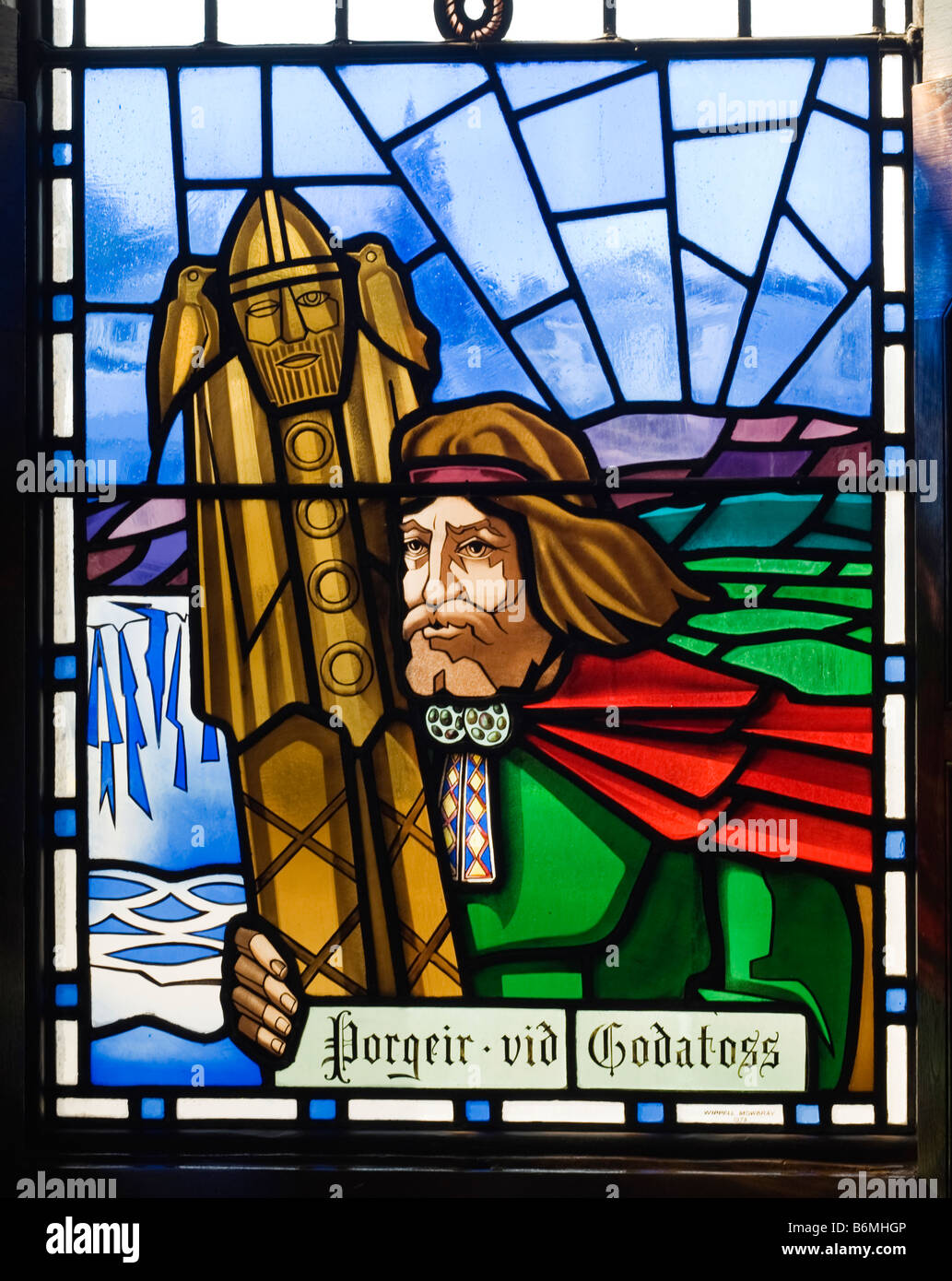 Stained glass window in Akureyri Cathedral, Iceland.  Porgeir throws pagan icon into the waterfall, Godafoss. Stock Photo