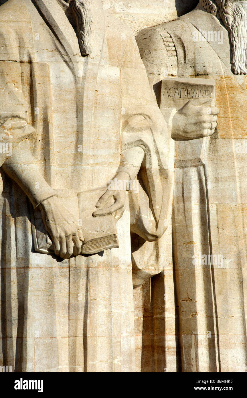 Dtail of the sculptures of John Calvin and Theodore Beza with a book in their hands, Wall of Reformers, Geneva Switzerland Stock Photo