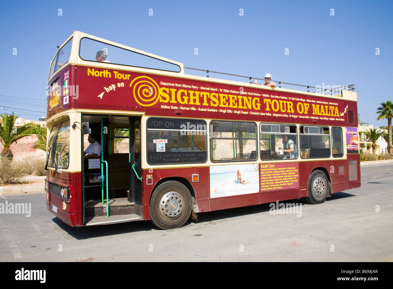 Malta sightseeing tour bus, Marsaxlokk, Malta Stock Photo