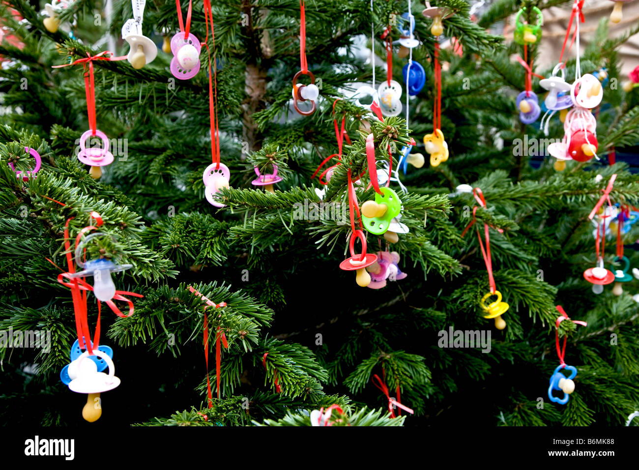 Baby dummies hung up in the christmas tree Stock Photo