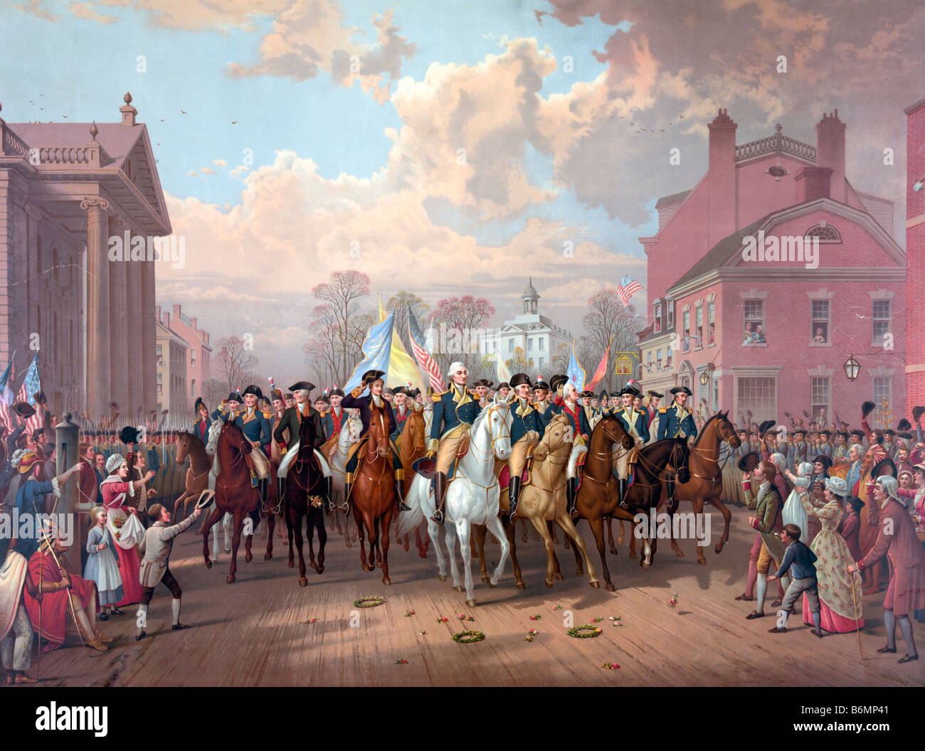 Print showing George Washington and other military officers riding on horseback along street, spectators line the street Stock Photo