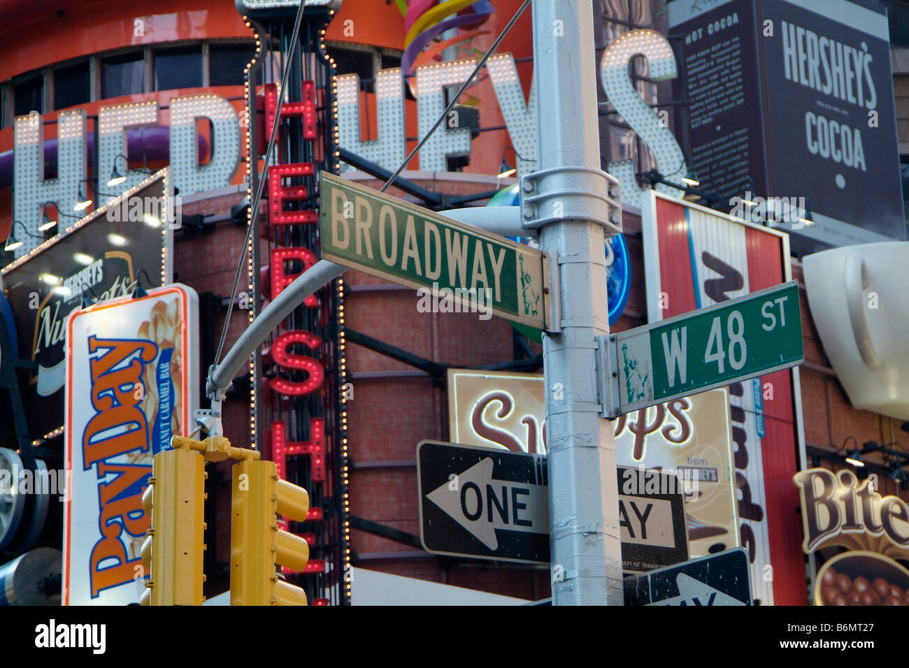 Street signs and advertising displays in Times Square, New York Stock Photo