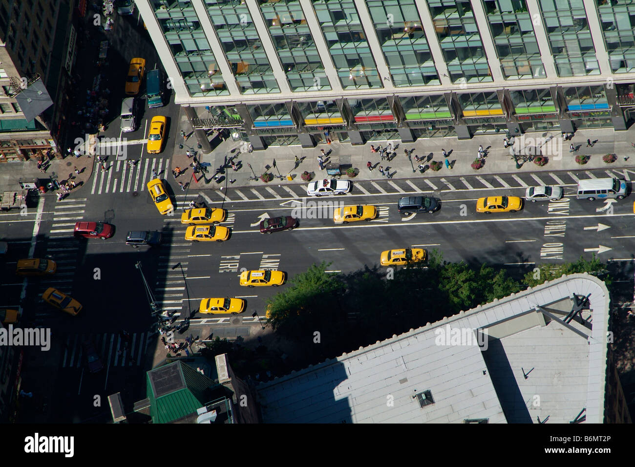 Aerial view of busy street scene in New York City with Yellow Cabs ...