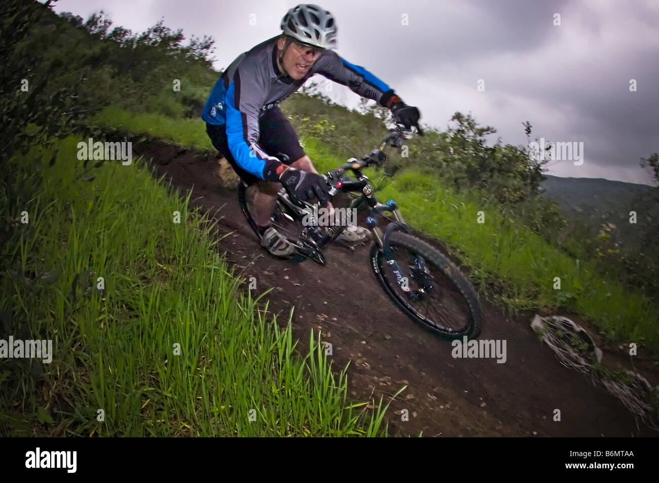 downhill mountain biker on Telonics trail, Laguna Beach, California Stock Photo