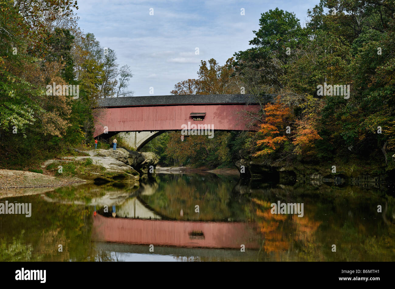 The Narrows Covered Bridge and Reflection on Sugar Creek in Turkey Run