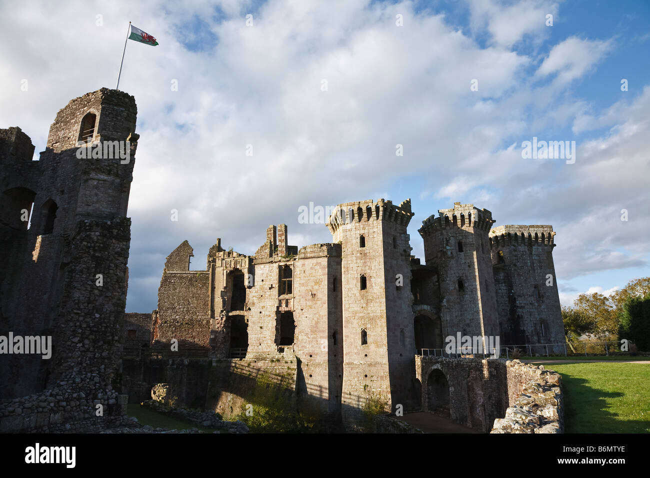 The Great Tower and Gatehouse, Raglan Castle, Monmouthshire, Wales Stock Photo