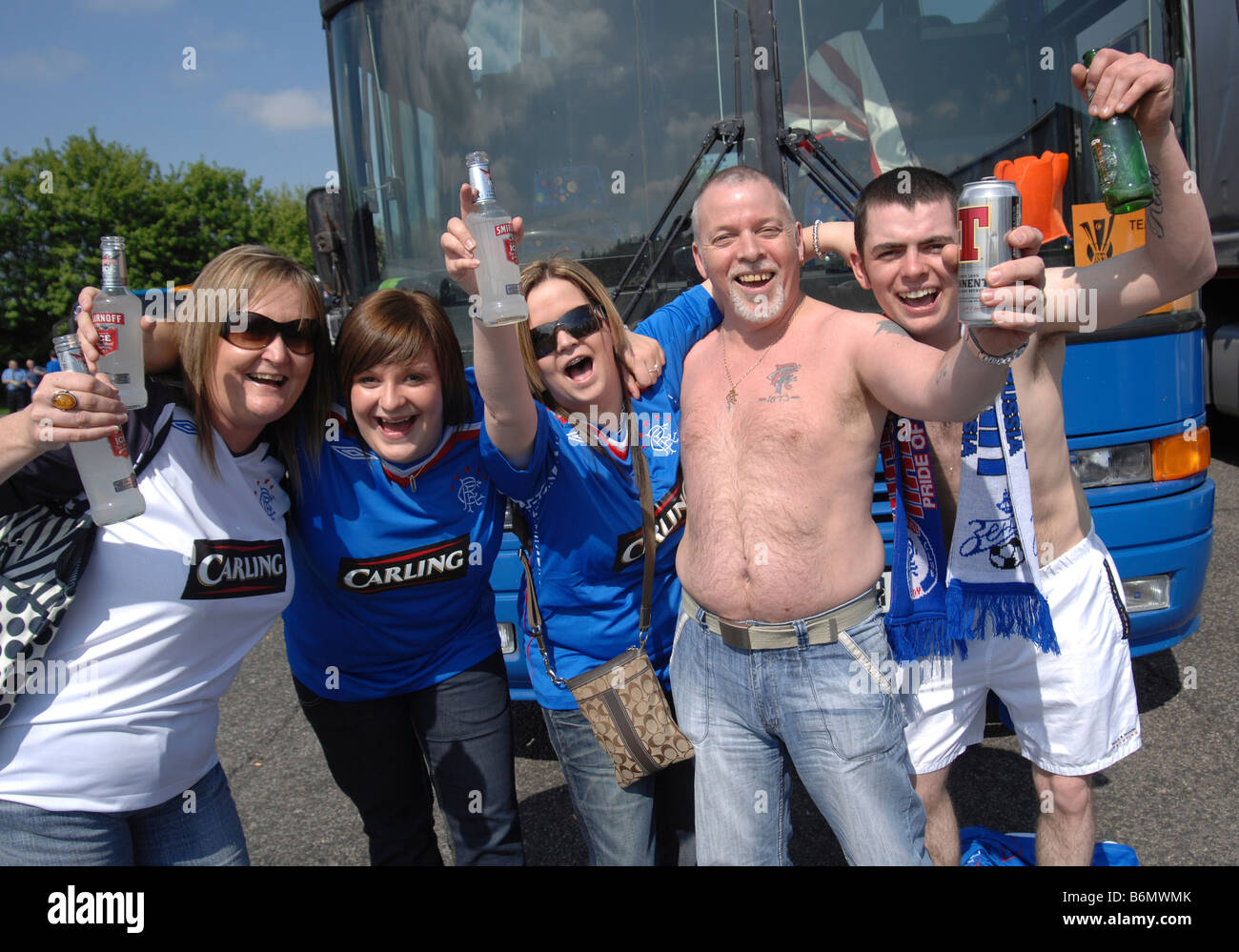 Glasgow Rangers fans gather at a motorway service area before the UEFA Cup Final 2008 against Zenit St Petersburg Stock Photo