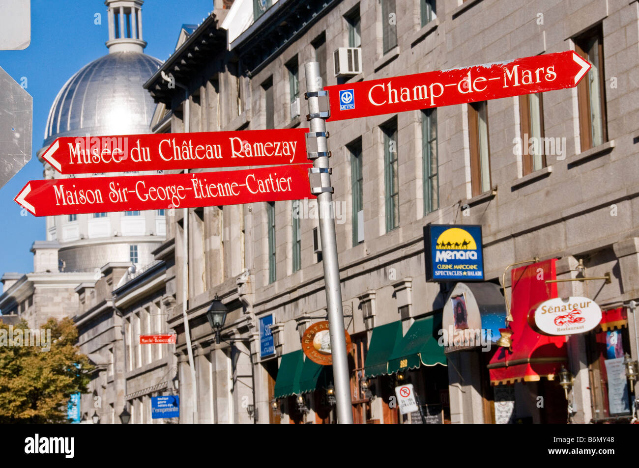 French language signs with street indications in Place Jacques Cartier old Montreal Quebec Canada Stock Photo